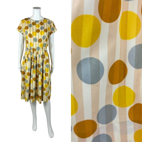Vintage 50s Polka Dot Dress Women's Small Yellow Tan Fit & Flare Sheath